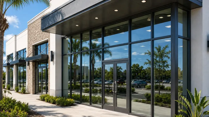 A single-story retail building with a dark-framed impact-rated glass storefront under a deep metal canopy, double glass entry doors at the center, and a parking lot reflected in the glass.