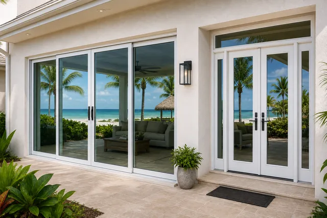 A four-panel white-framed sliding glass door beside a double French door with sidelights and a transom, set in a stucco wall on a tiled patio, with palms and the ocean beyond the glass.