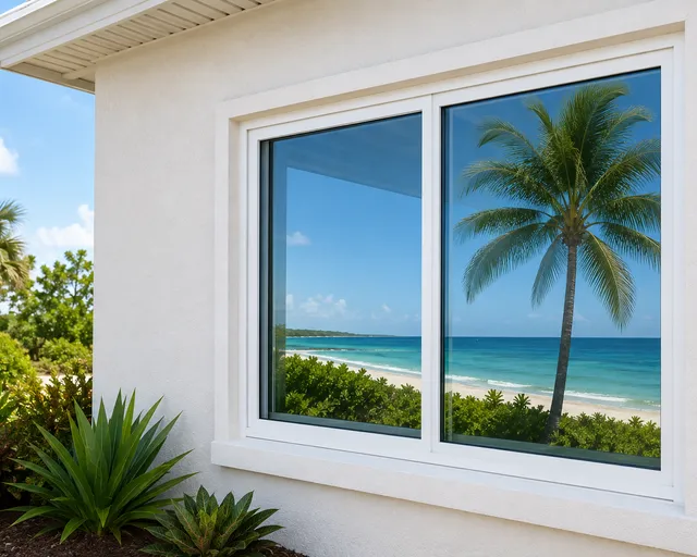 A white-framed two-panel impact window set in a light stucco wall, with the ocean, a beach and a palm tree beyond the glass.